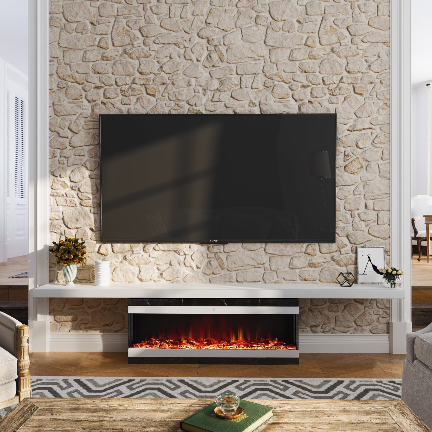 Smallbee 42/48/56/72inch 3-Sided Black/White Electric Fireplace with Remote Control, WiFi Function, Adjustable LED Flames and Heating Modes