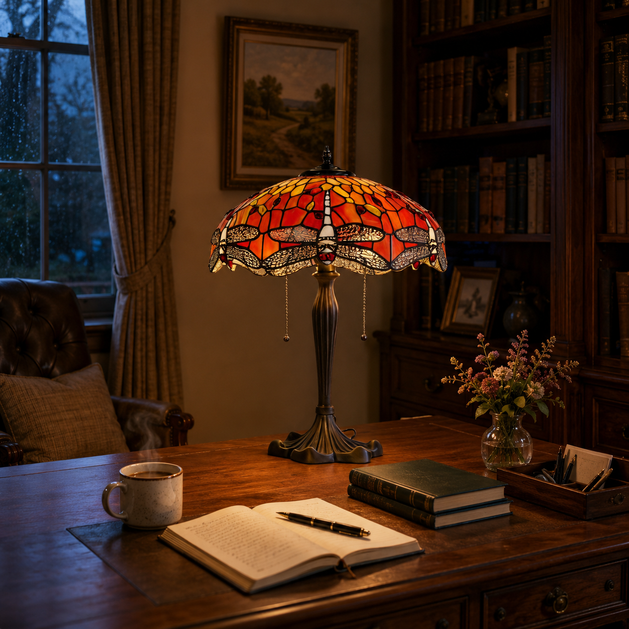 Tiffany Table Lamp | Handcrafted Stained Glass Dragonfly Series