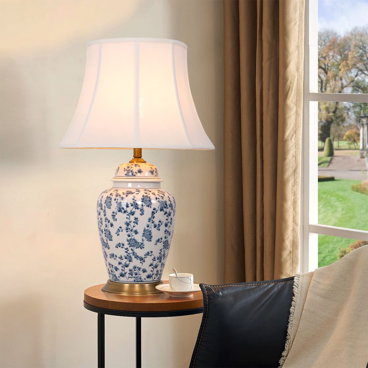 Lightsin Blue Floral Ceramic Table Lamp with Fabric Shade and Brass Base Lightsin UK