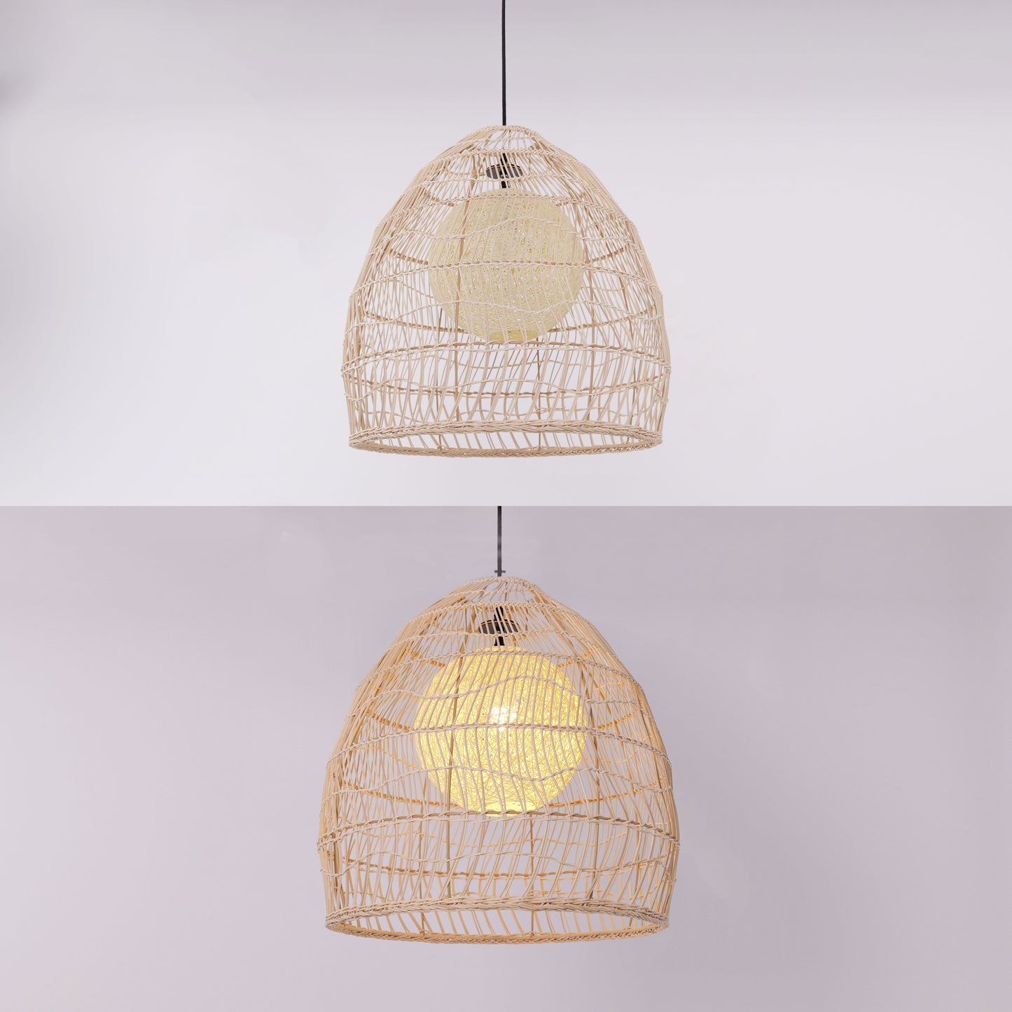 Close-up of handwoven rattan shade ribs and natural woven texture