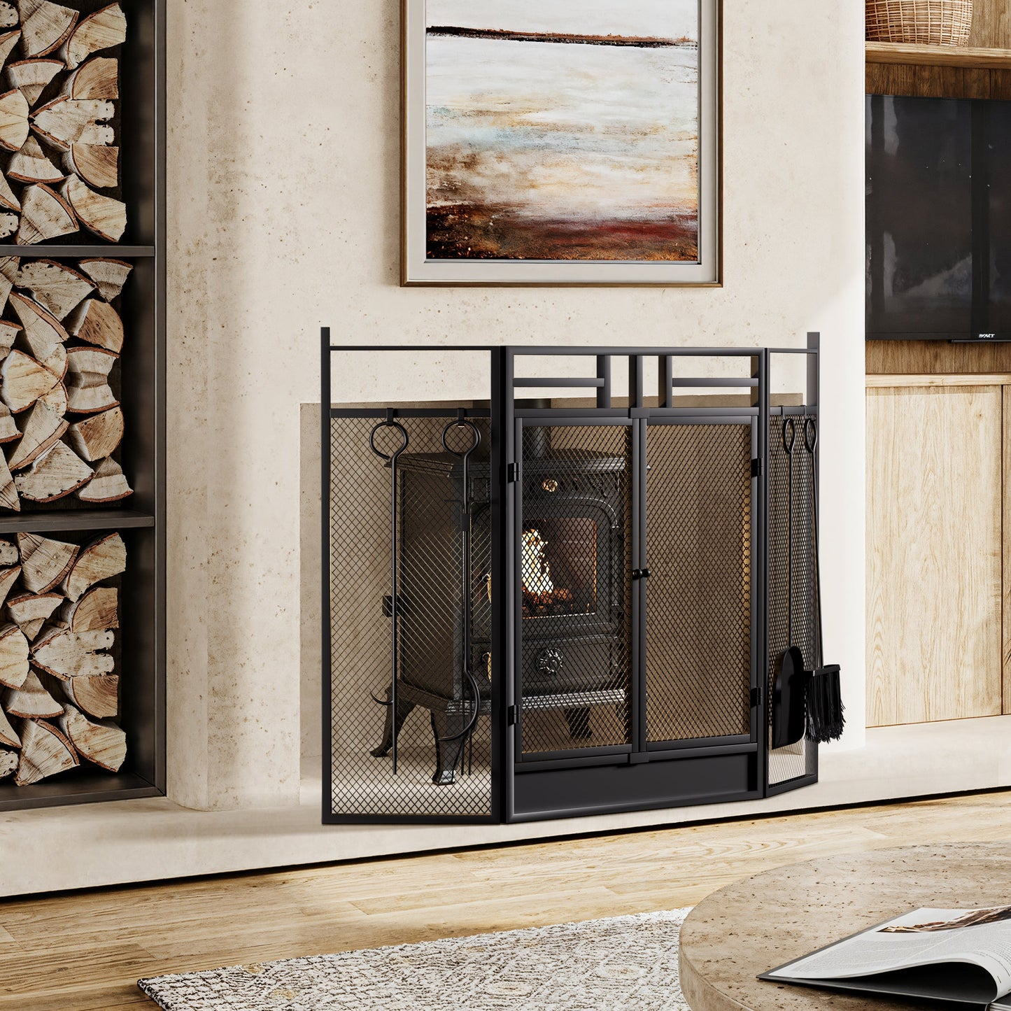 Smallbee Iron Fireplace Screen with 4-Piece Tool Set Black Powder Coated – 122x1.3x80cm