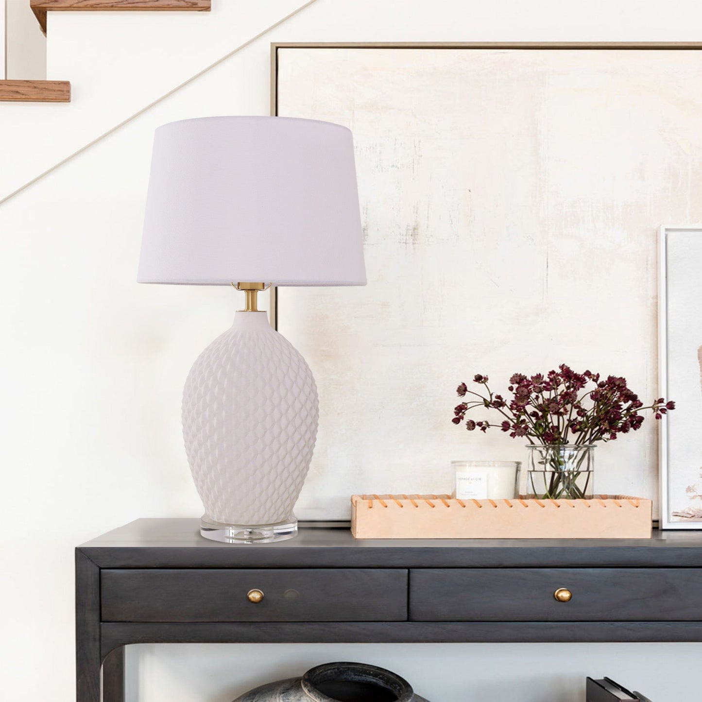 Lightsin 3D Pure White Diamond Embossed Relief Pattern Ceramic Table Lamp Lightsin UK