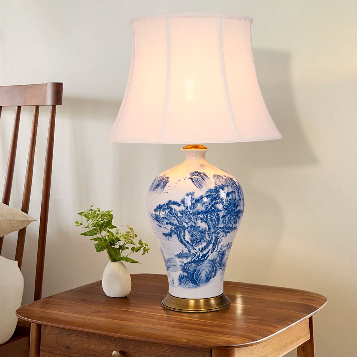Lightsin Classic Blue and White Ceramic Table Lamp with Fabric Shade Lightsin UK