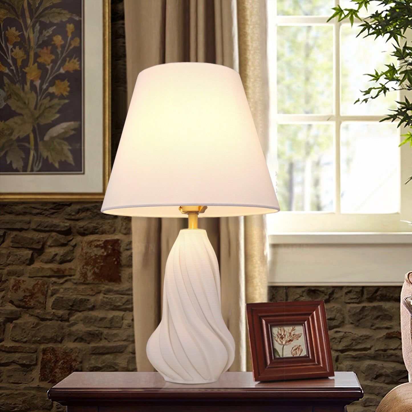 Lightsin 3D Pure White Ceramic Spiral Vase Table Lamp with Fabric Shade Lightsin UK