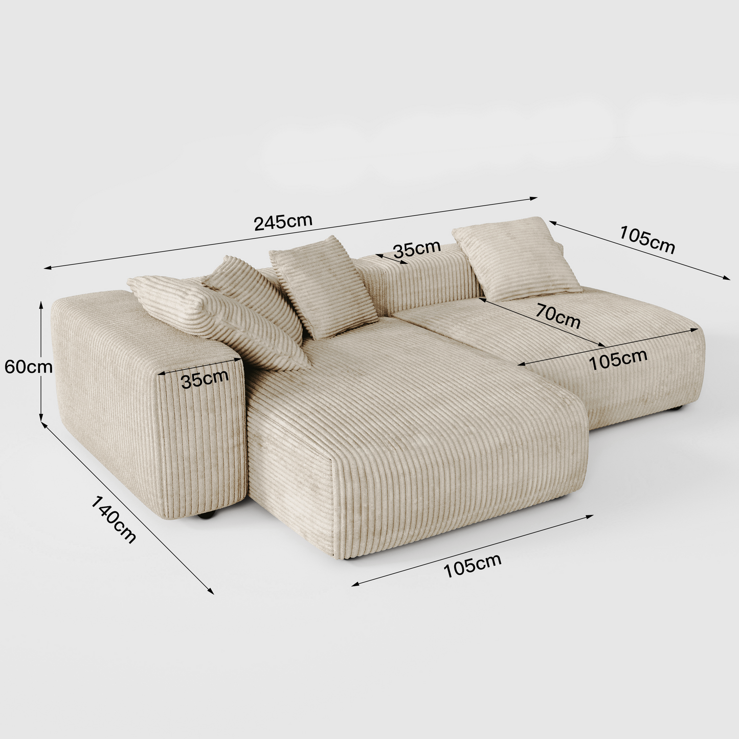 Corduroy Modular Wide Seat Chaise Sofa Block
