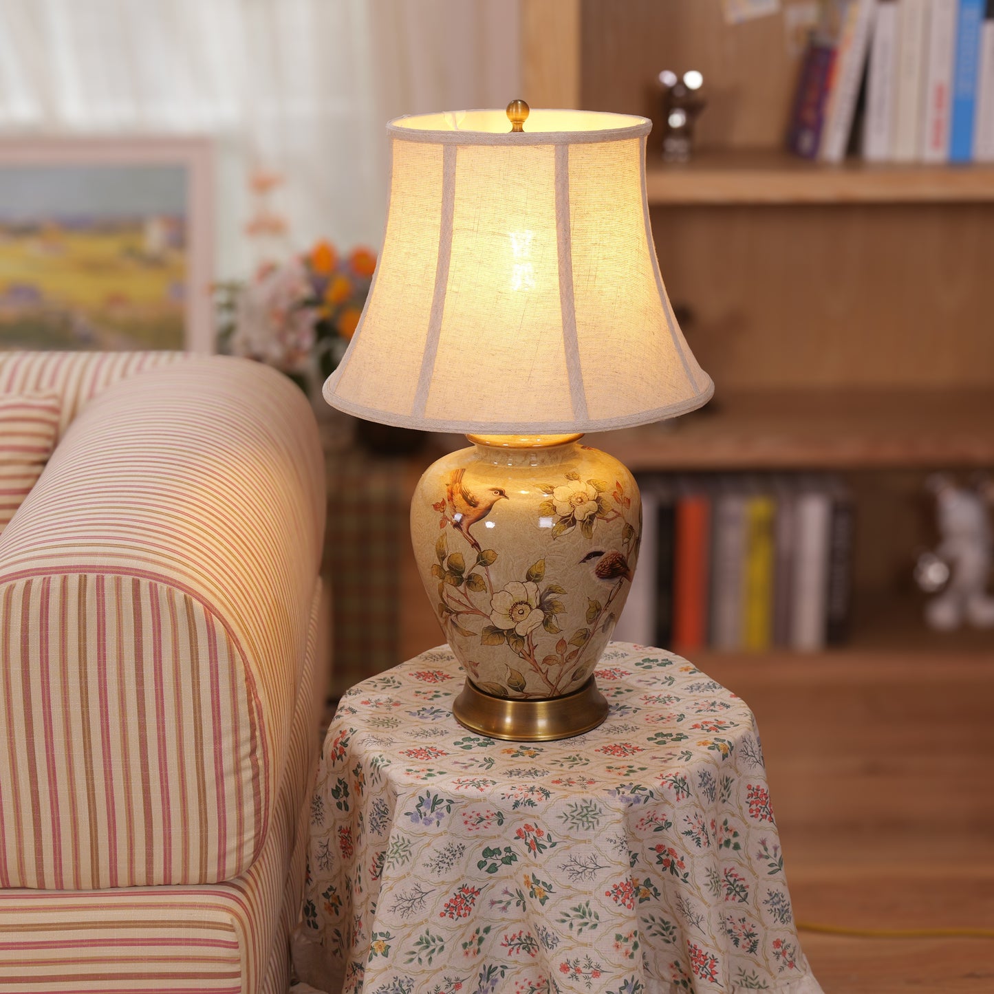 Lightsin Vintage Ceramic Bird-Pattern Table Lamp with Fabric Shade