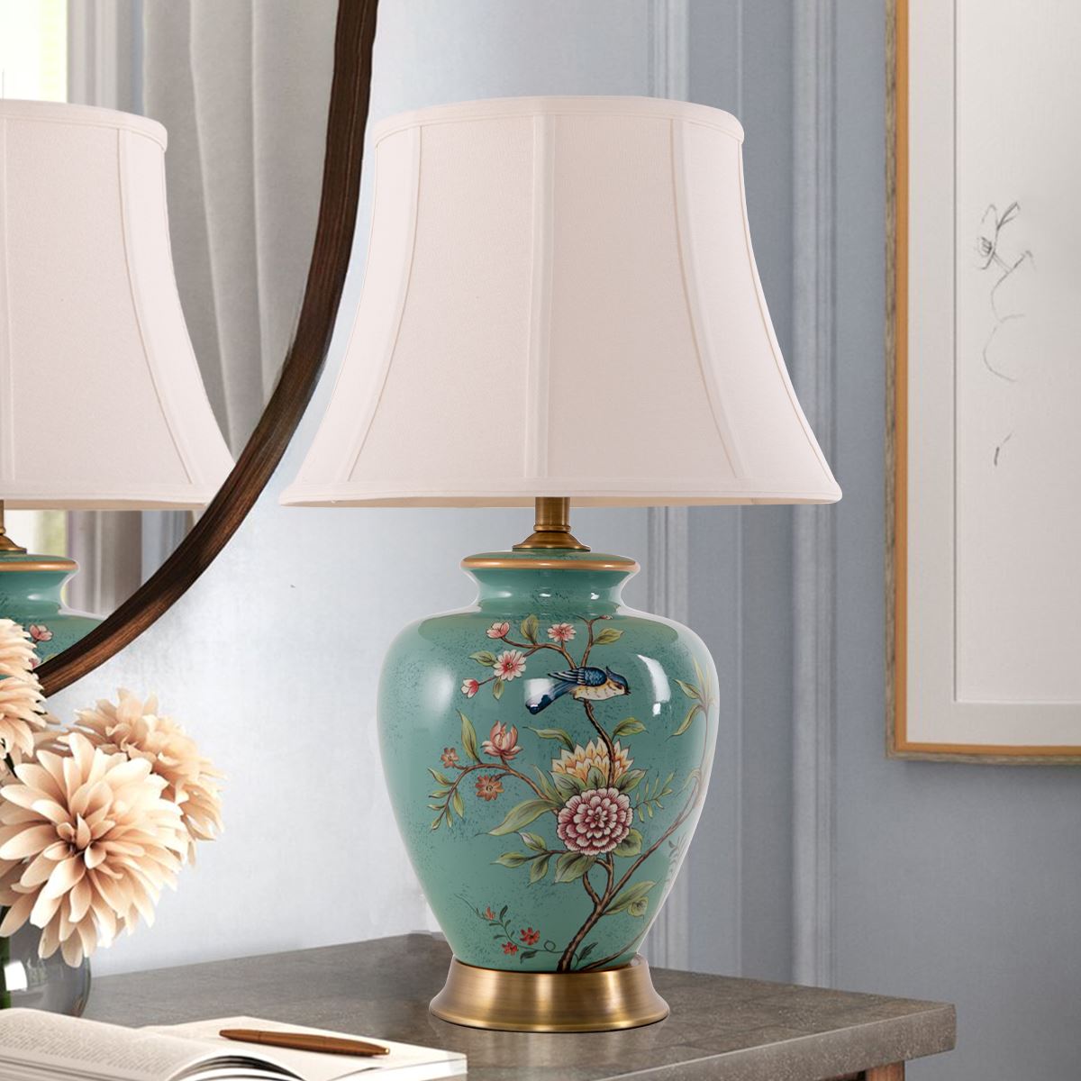 Lightsin Vintage Green Floral Ceramic Table Lamp with Fabric Shade Lightsin UK
