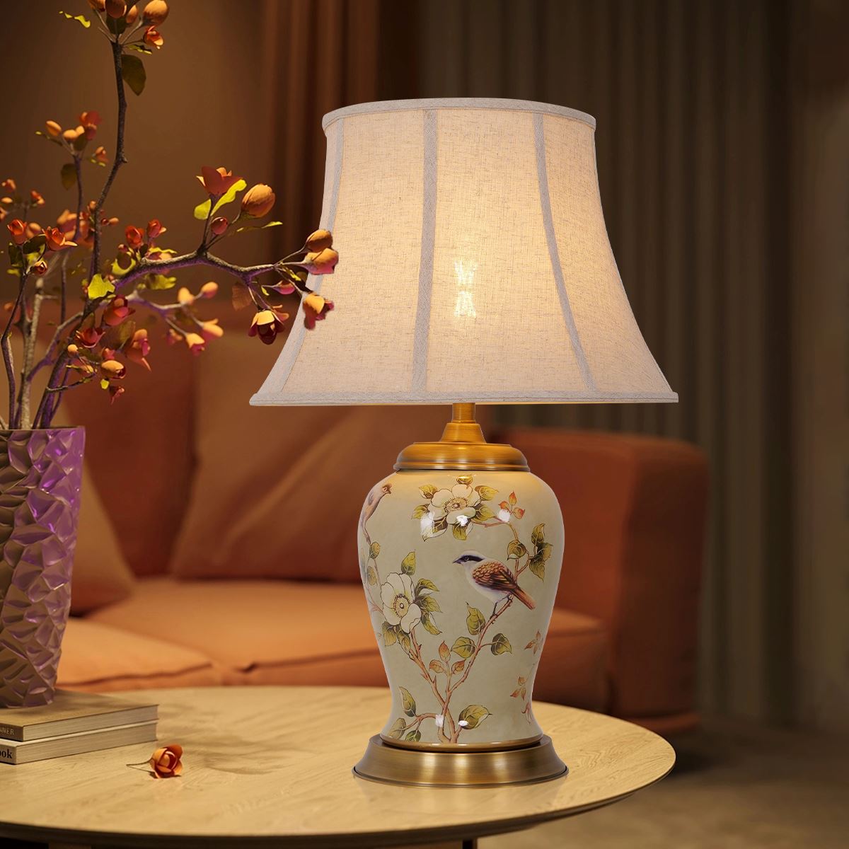 Lightsin Vintage Camellia Ceramic Table Lamp with Copper Base and Fabric Shade Lightsin UK