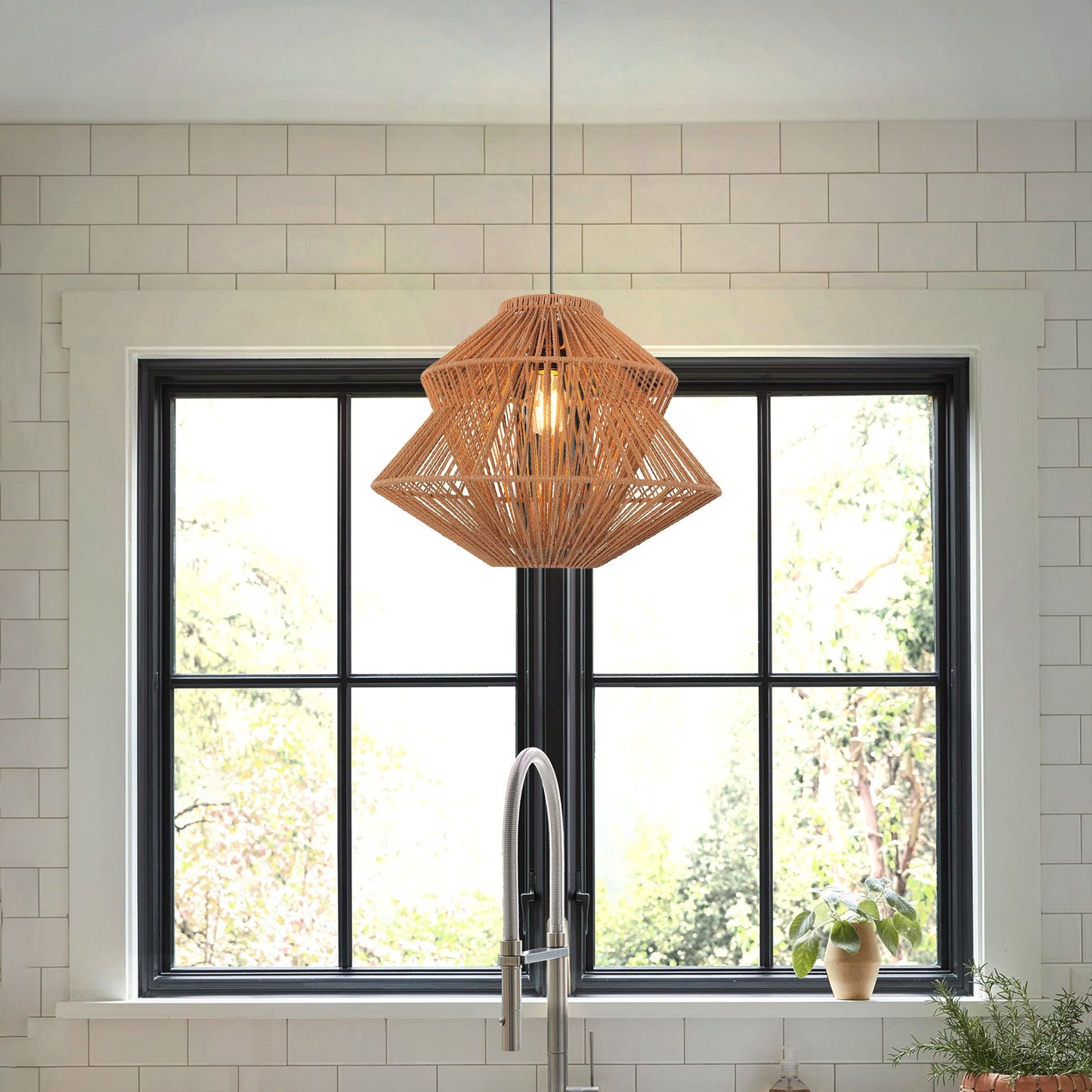 Lightsin Khaki Handwoven Paper Rope Pendant Light with Iron Frame Lightsin UK