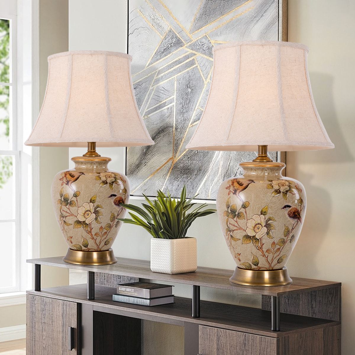 Lightsin Vintage Ceramic Bird-Pattern Table Lamp with Fabric Shade Lightsin UK