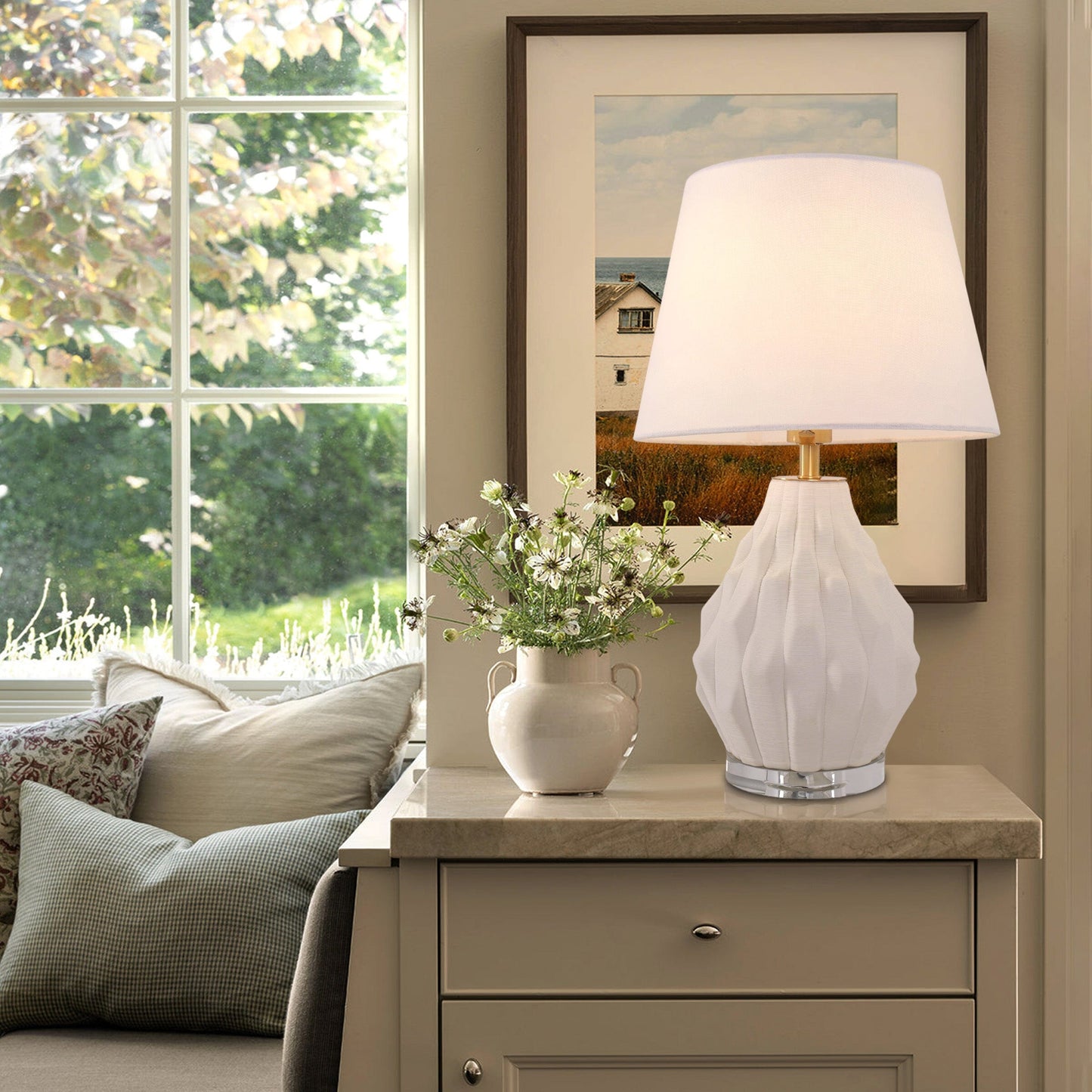 Lightsin 3D Pure White Polygonal Textured Ceramic Table Lamp with Fabric Shade Lightsin UK