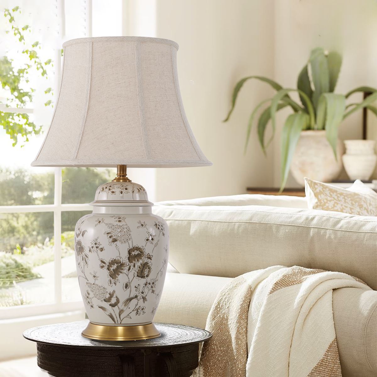 Lightsin Chrysanthemum Ceramic and Copper Table Lamp with Fabric Shade Lightsin UK