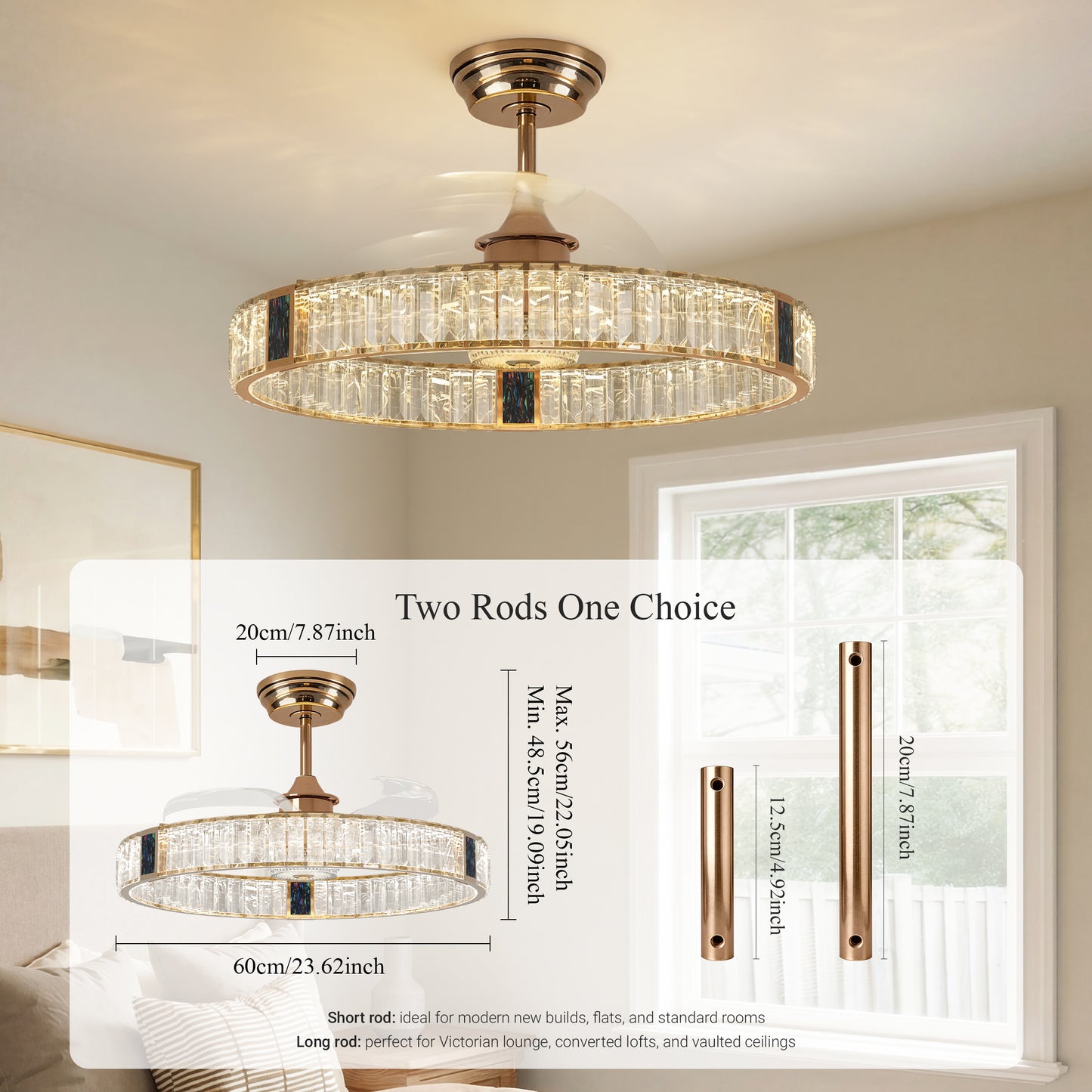 Remote control gold crystal ceiling fan light with timer and speed settings
