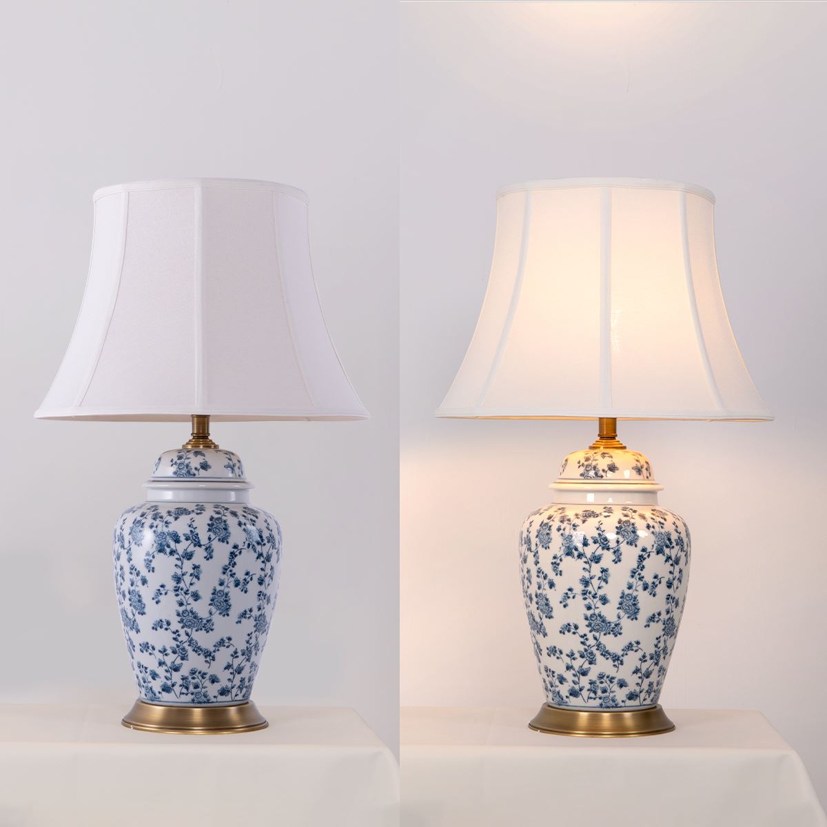 Blue Floral Ceramic Table Lamp with Fabric Shade and Brass Base Lightsin UK