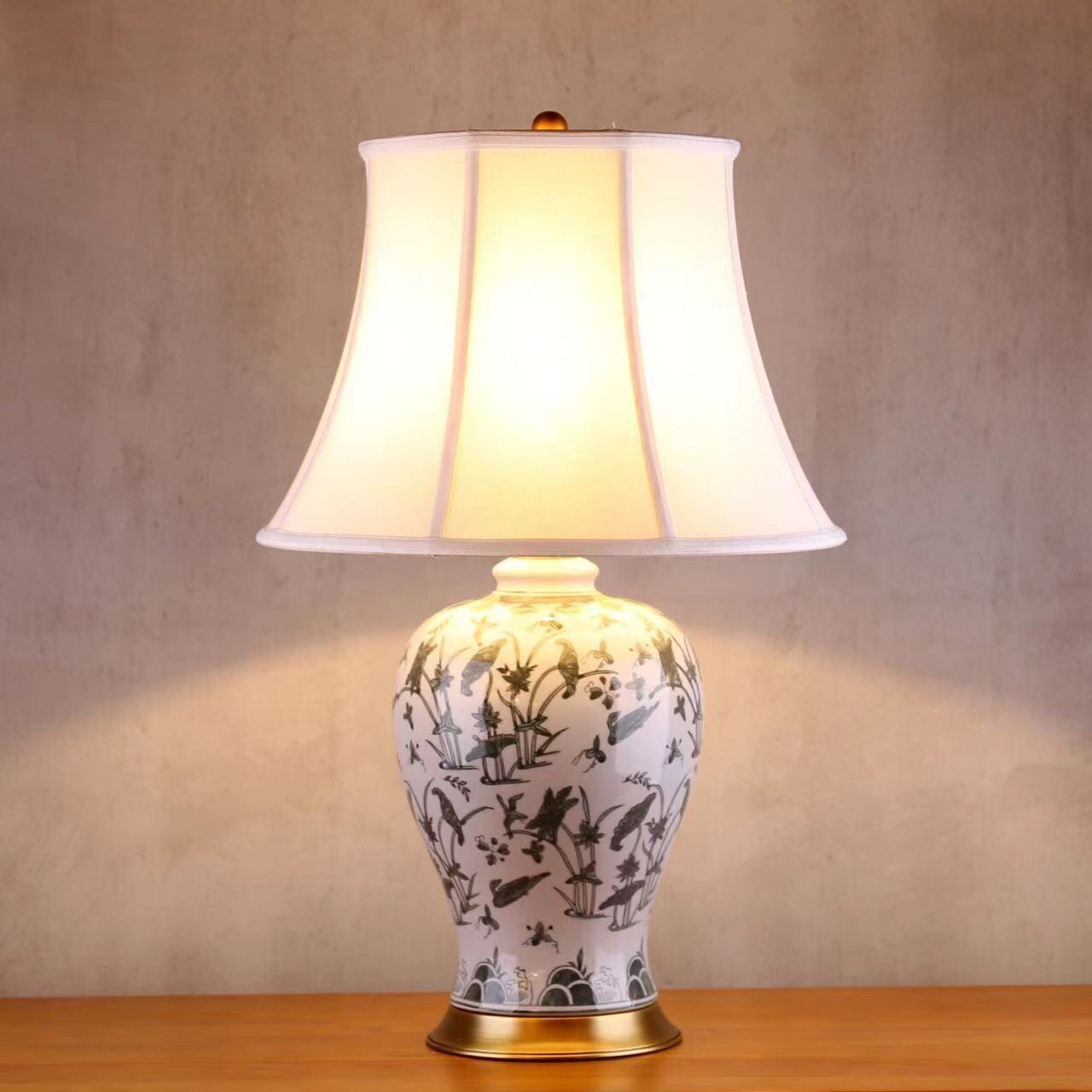 Classic Ceramic Table Lamp with Hand-Painted Lotus Pond Details Lightsin UK
