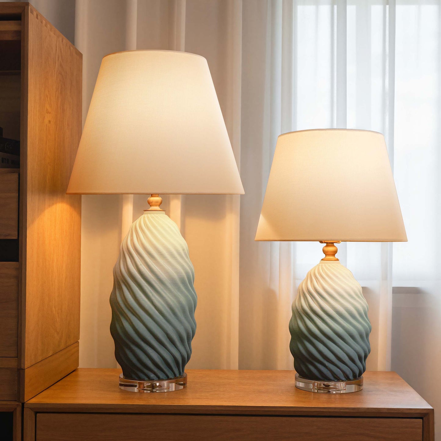 Lightsin 3D Blue Green White Gradient Threaded Ceramic Table Lamp with Fabric Shade