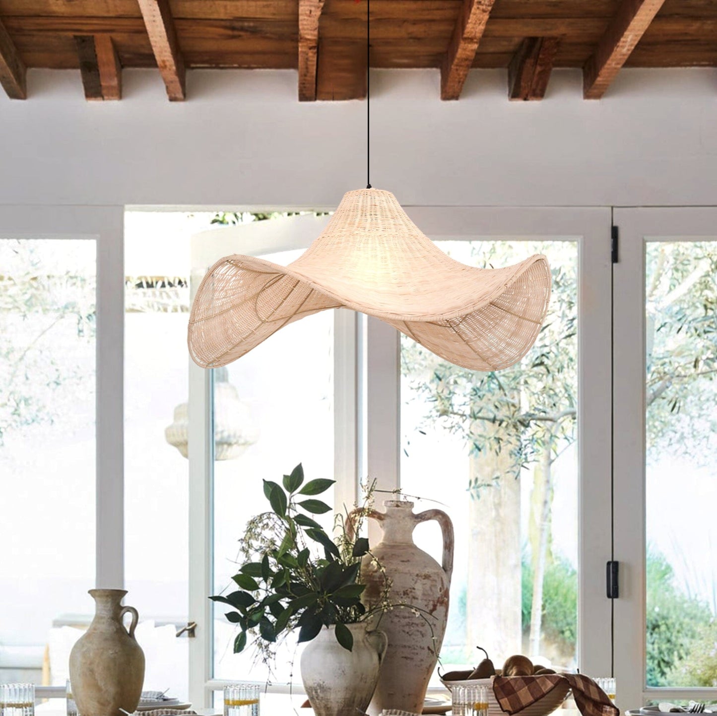 Lightsin Natural & White Hat-Shaped Handwoven Rattan Pendant Light Lightsin UK White