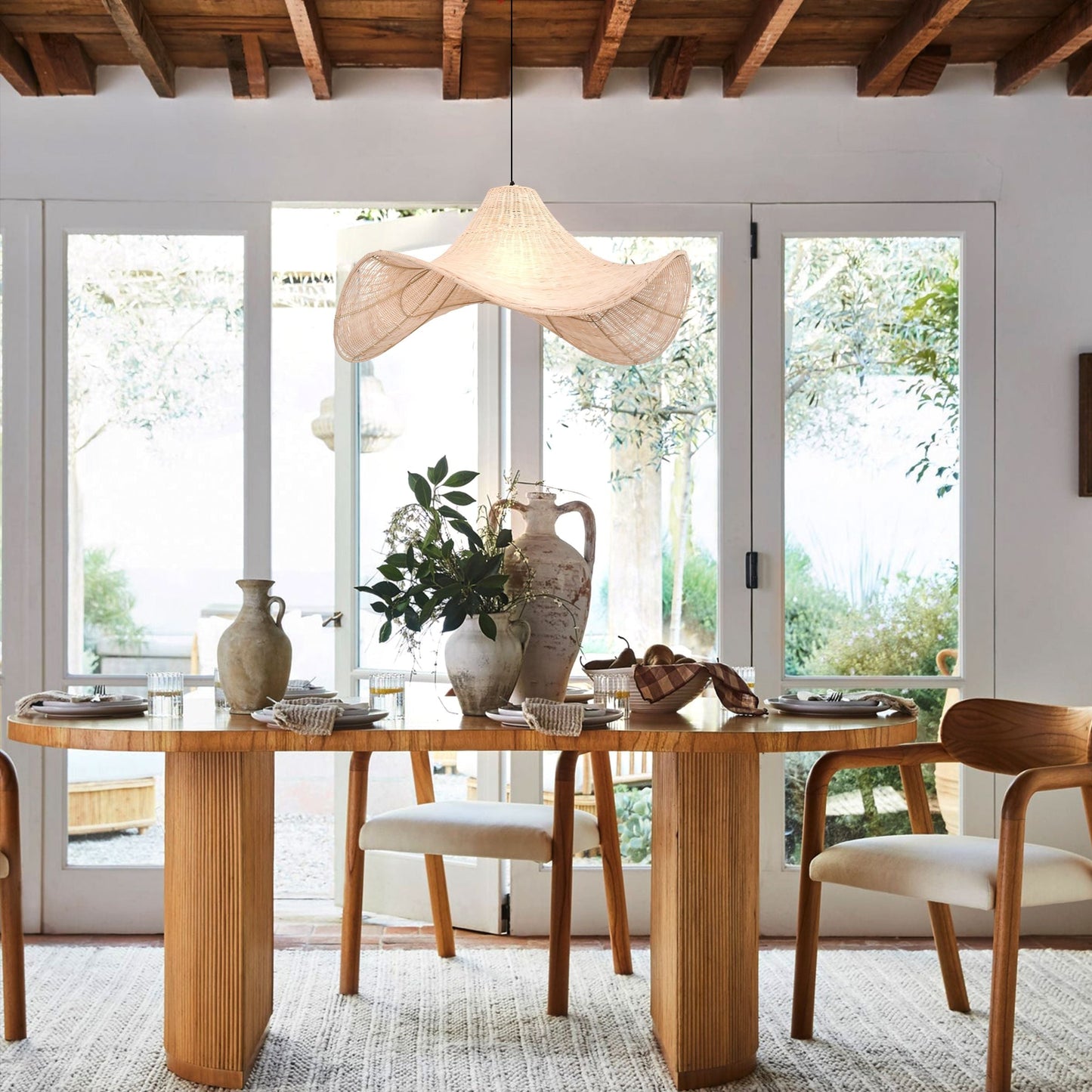 Lightsin Natural & White Hat-Shaped Handwoven Rattan Pendant Light Lightsin UK