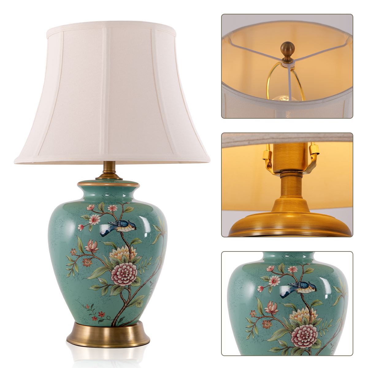 Vintage Green Floral Ceramic Table Lamp with Fabric Shade Lightsin UK