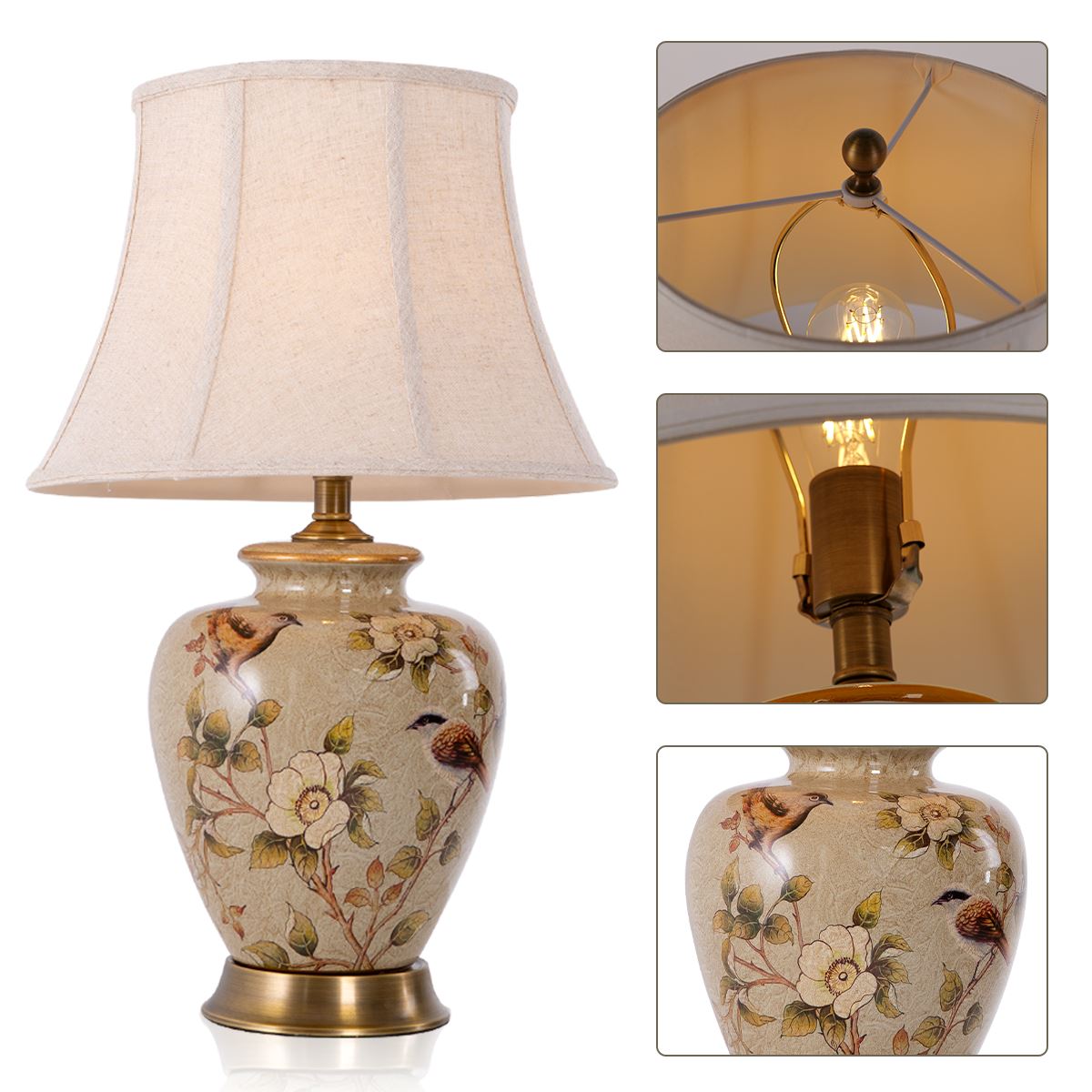 Vintage Ceramic Bird-Pattern Table Lamp with Fabric Shade Lightsin UK