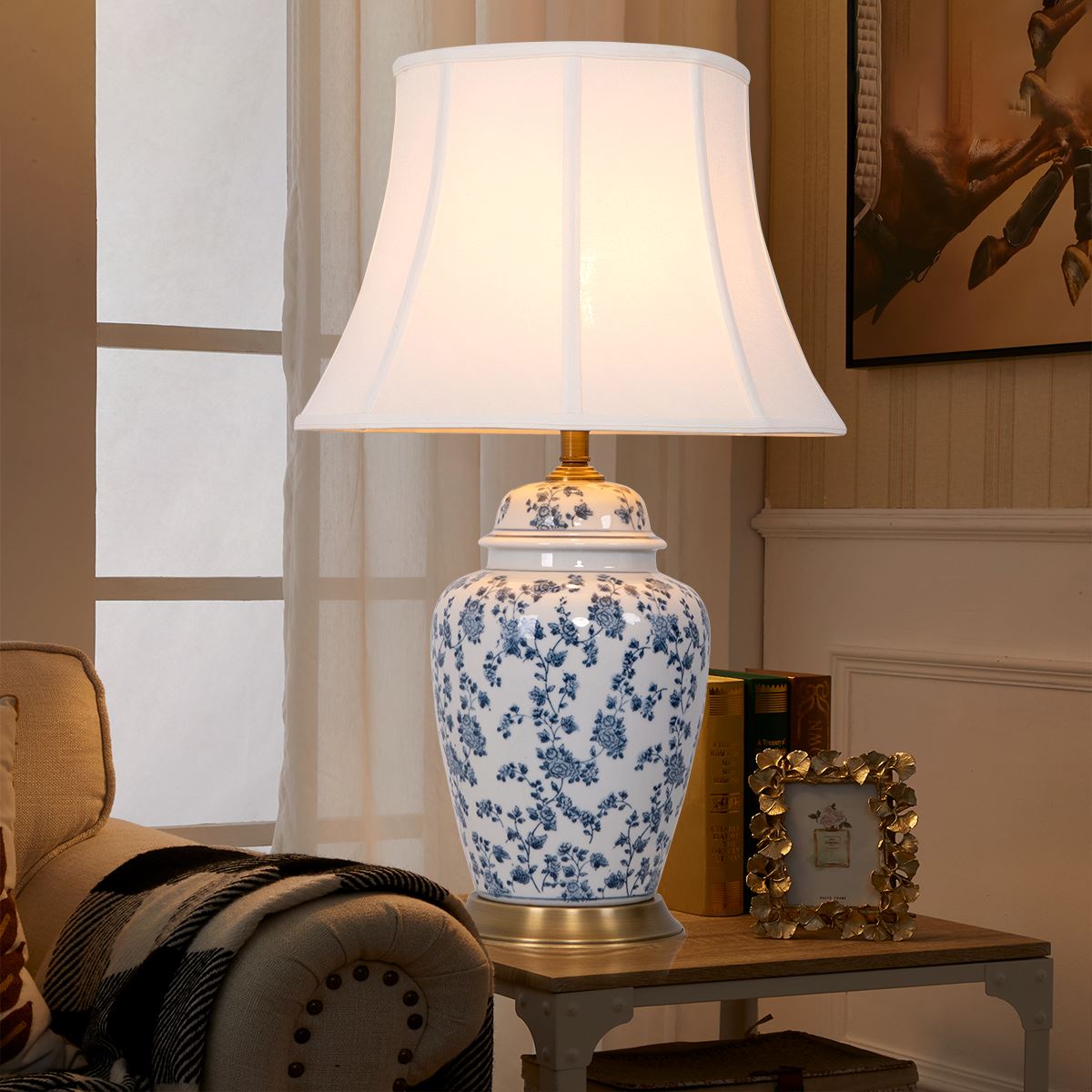 Lightsin Blue Floral Ceramic Table Lamp with Fabric Shade and Brass Base Lightsin UK