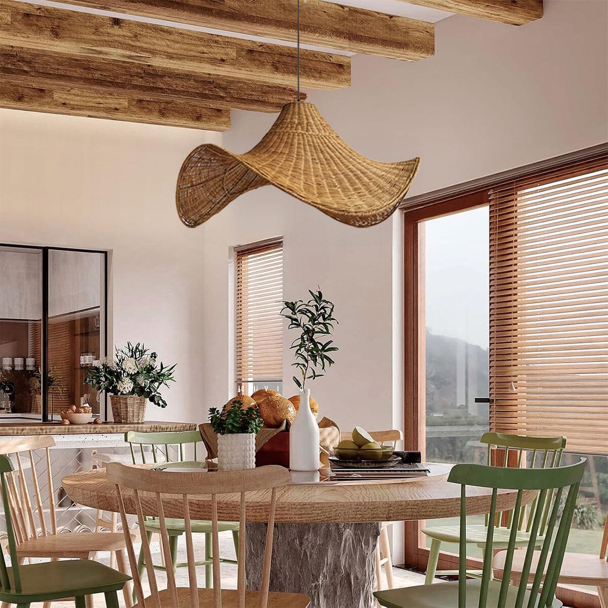 Lightsin Natural & White Hat-Shaped Handwoven Rattan Pendant Light Lightsin UK