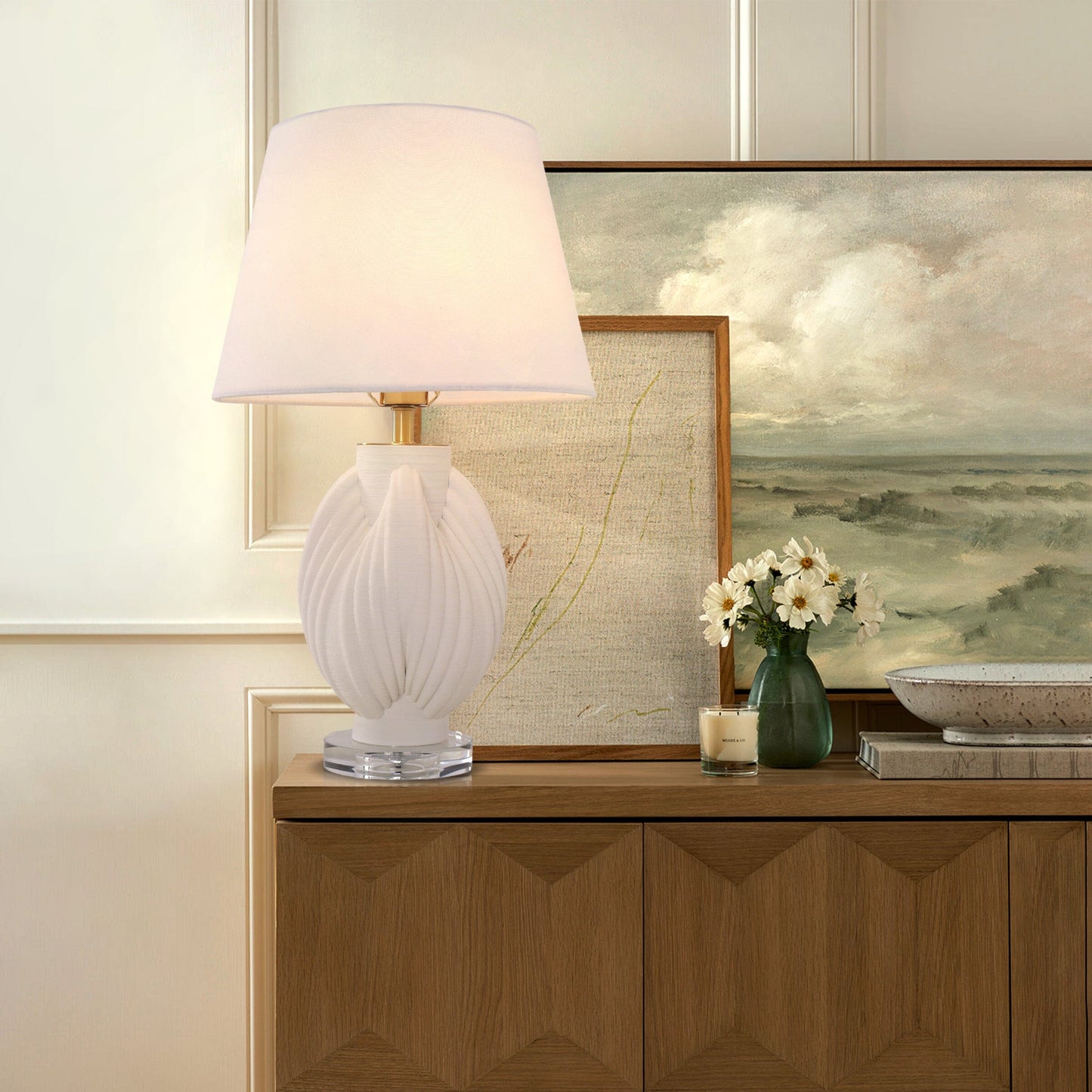 Lightsin 3D Pure White Pod Threaded Ceramic Table Lamp with Fabric Shade Lightsin UK