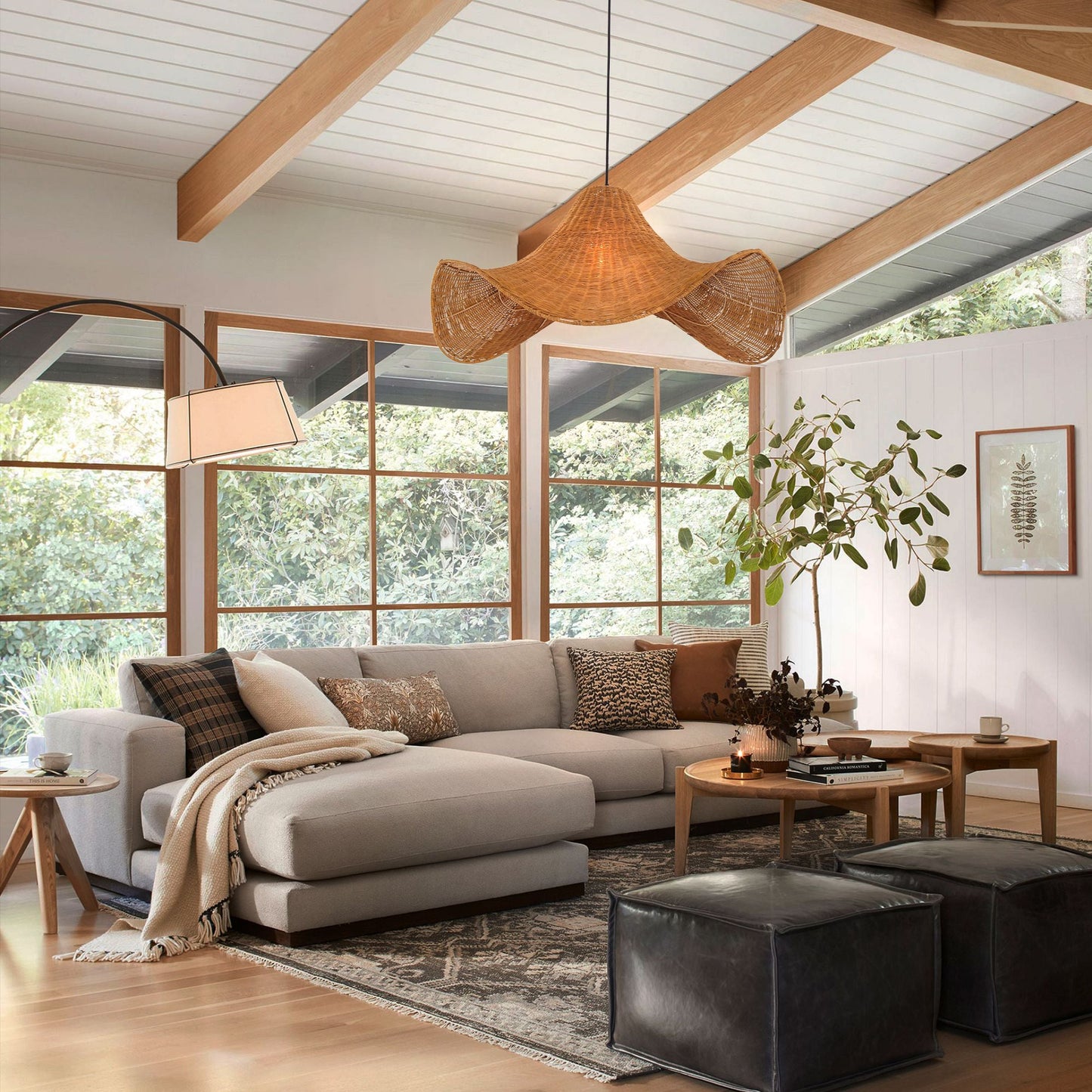 Lightsin Natural & White Hat-Shaped Handwoven Rattan Pendant Light Lightsin UK