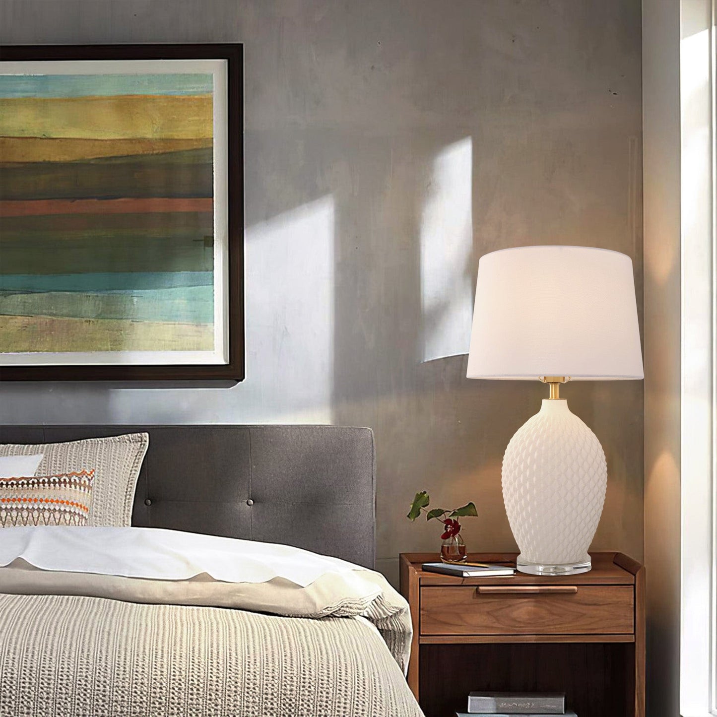 Lightsin 3D Pure White Diamond Embossed Relief Pattern Ceramic Table Lamp Lightsin UK