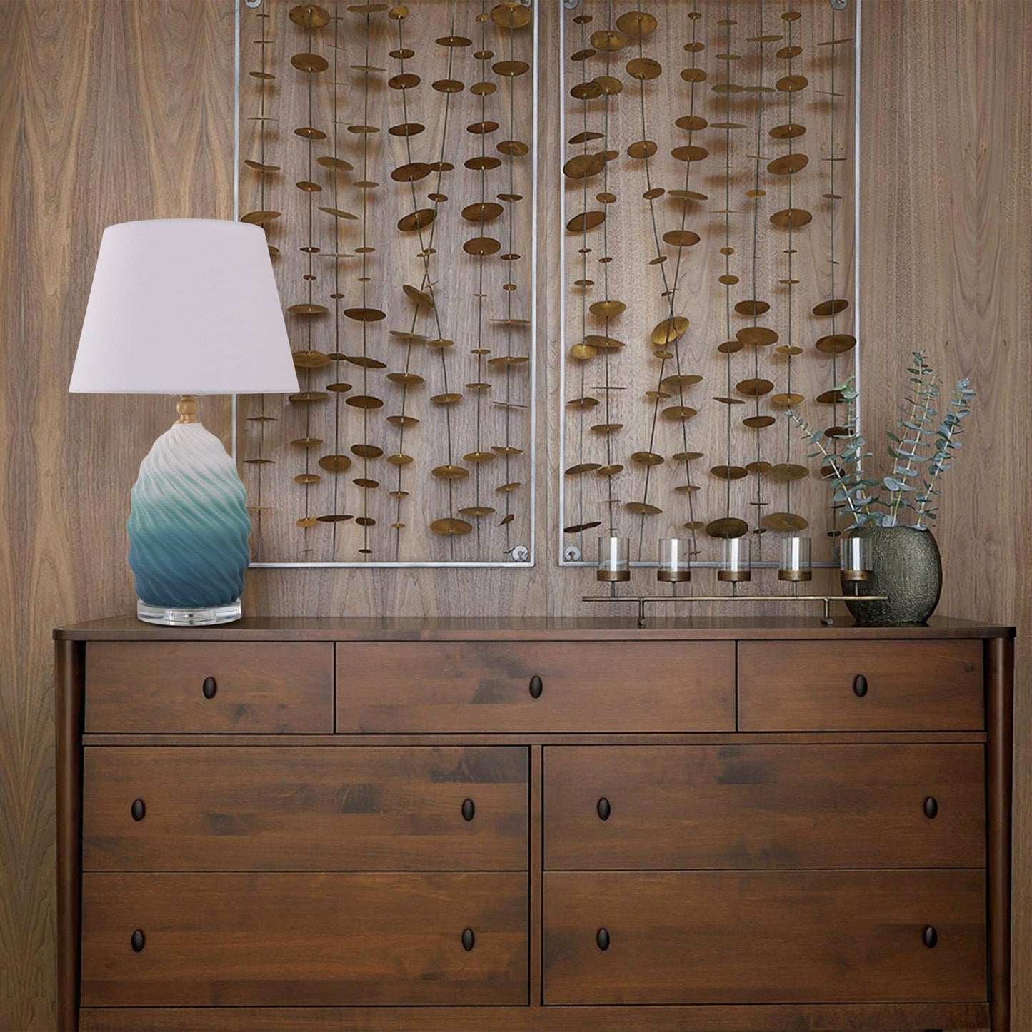 Lightsin 3D Blue Green White Gradient Threaded Ceramic Table Lamp with Fabric Shade Lightsin UK