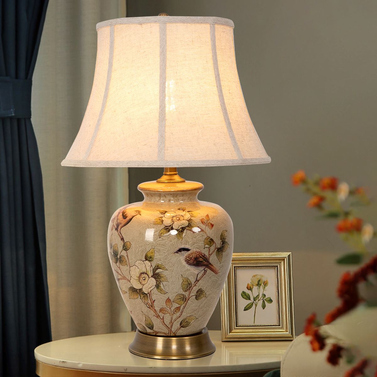 Lightsin Vintage Ceramic Bird-Pattern Table Lamp with Fabric Shade Lightsin UK