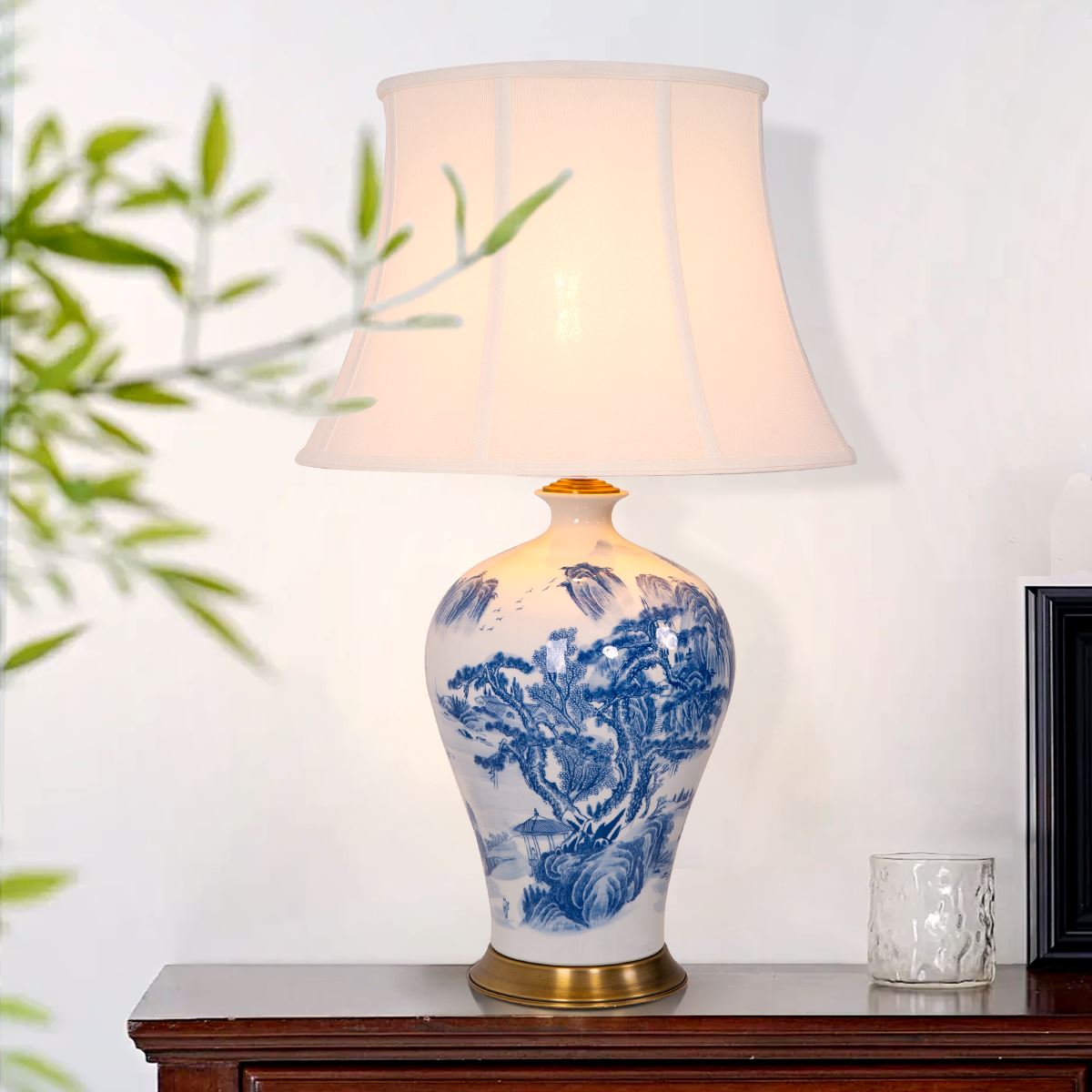 Lightsin Classic Blue and White Ceramic Table Lamp with Fabric Shade Lightsin UK