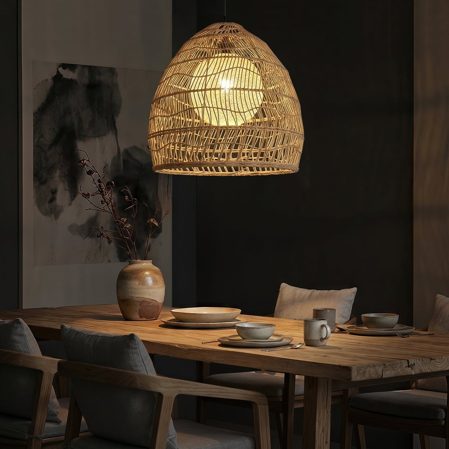 50cm rattan pendant light with yellow inner sphere above a dining table