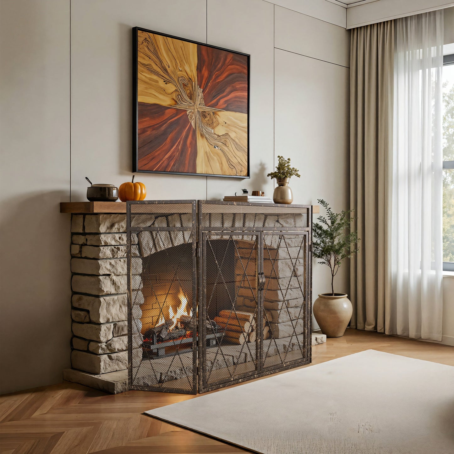 Smallbee Triple-Fold Iron Fireplace Screen Antique Copper Powder Coated – 127x13x81cm