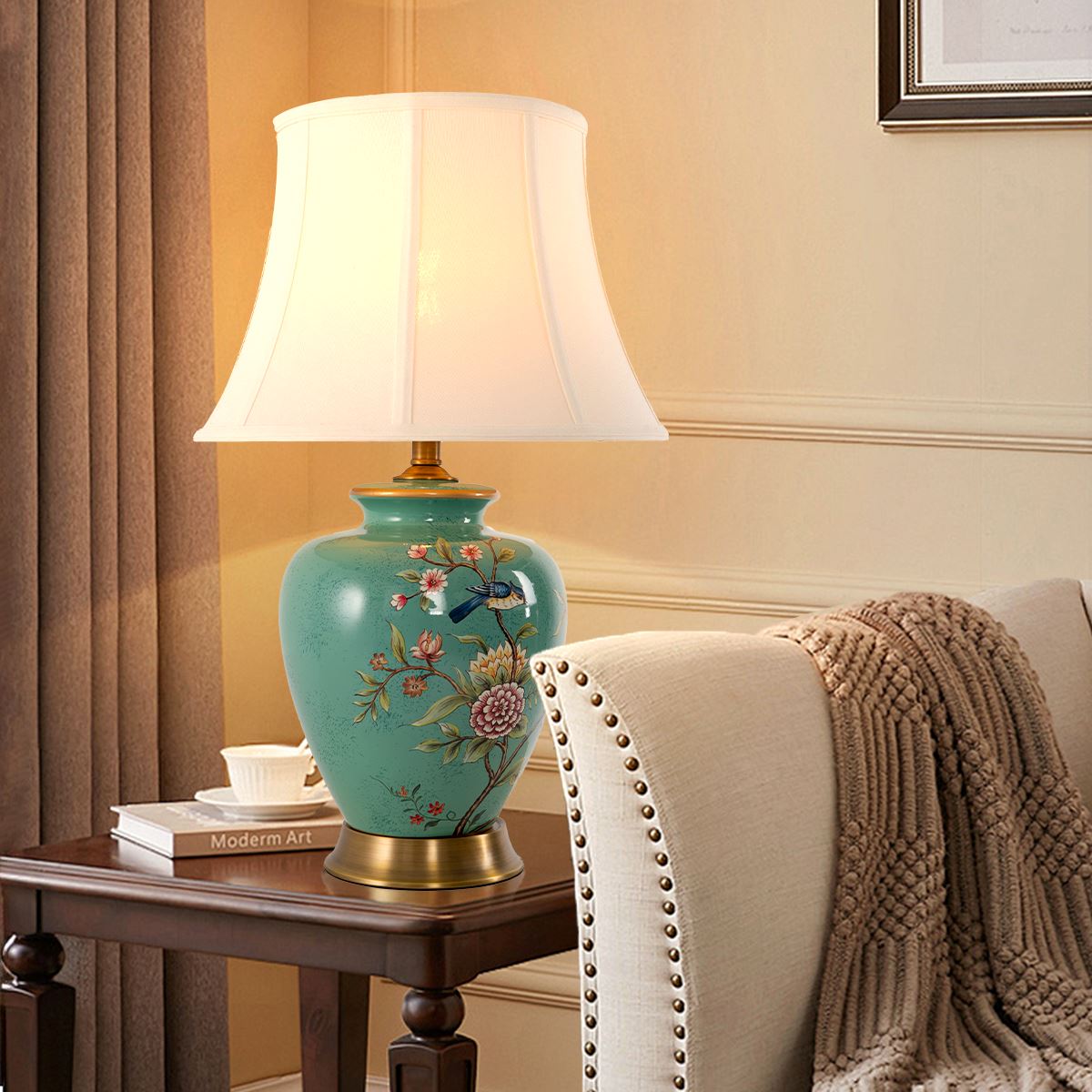 Lightsin Vintage Green Floral Ceramic Table Lamp with Fabric Shade Lightsin UK
