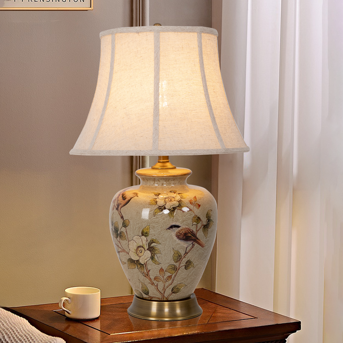 Lightsin Vintage Ceramic Bird-Pattern Table Lamp with Fabric Shade