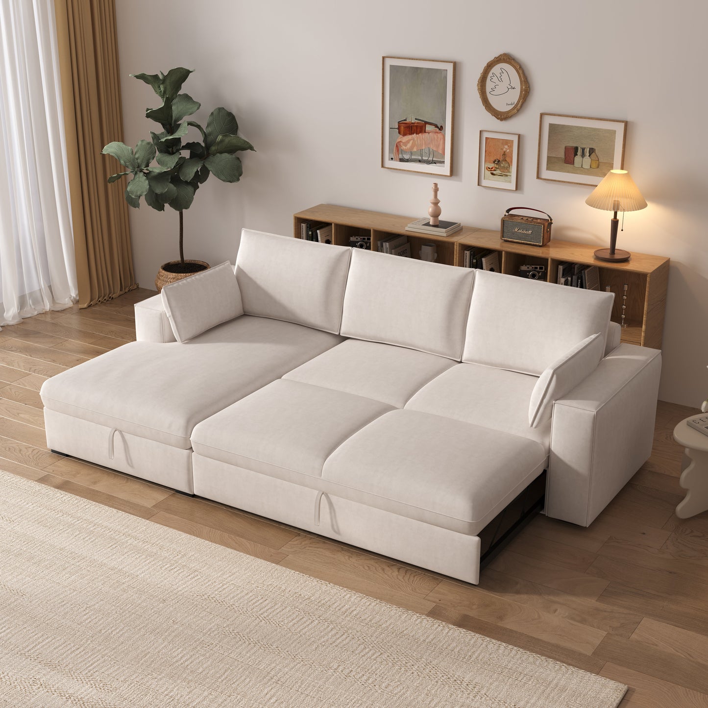 Cottonfy Creamy Tofu Block Pullout Sofa Bed with Storage