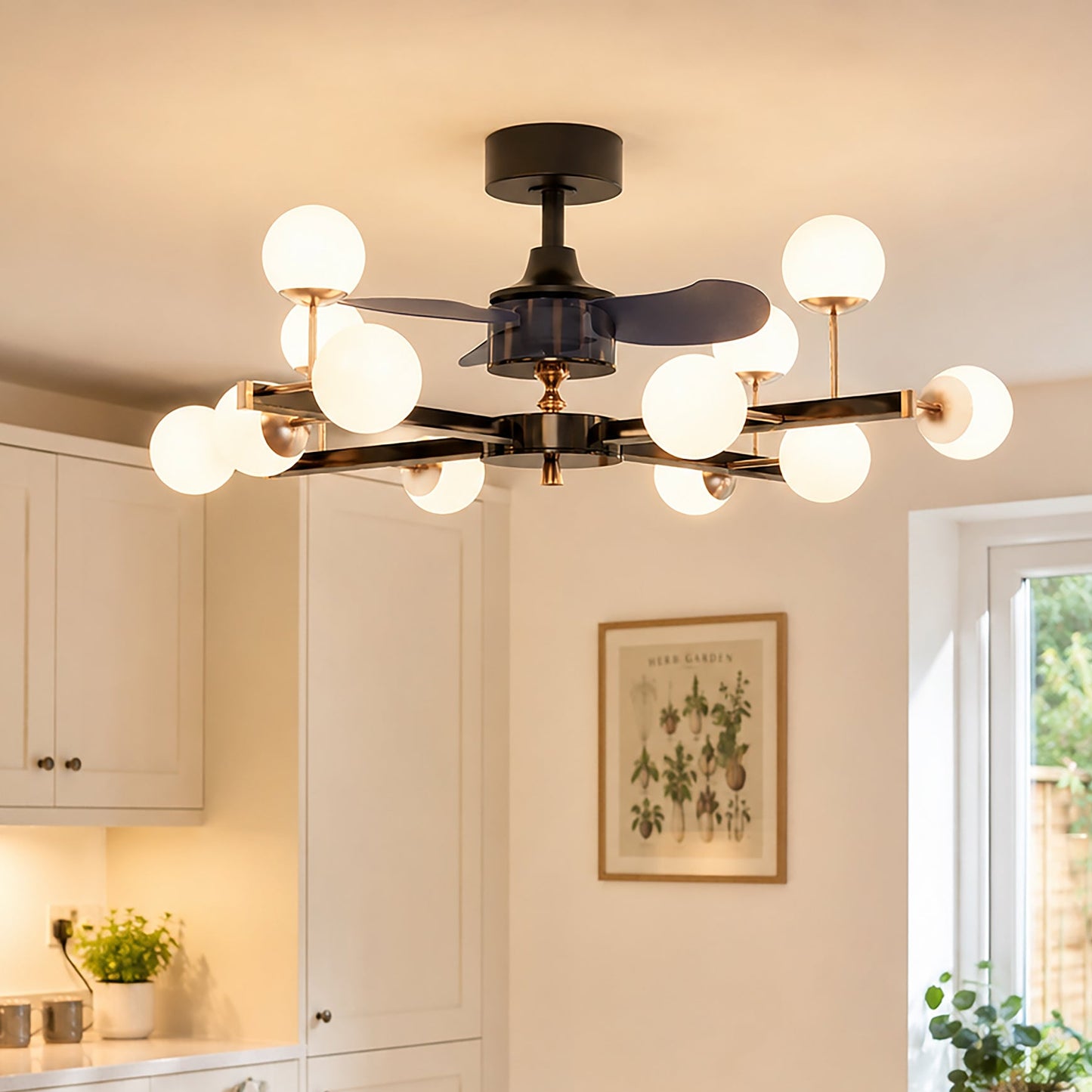 Modern Black & Gold Sphere Finish 3-Blade Ceiling Fan Light with Remote