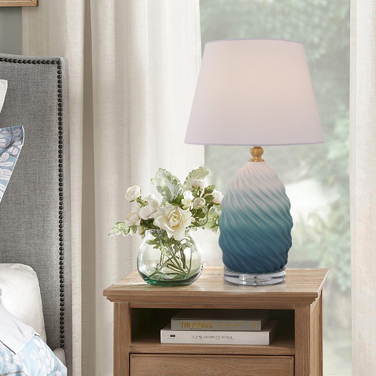 Lightsin 3D Blue Green White Gradient Threaded Ceramic Table Lamp with Fabric Shade Lightsin UK S