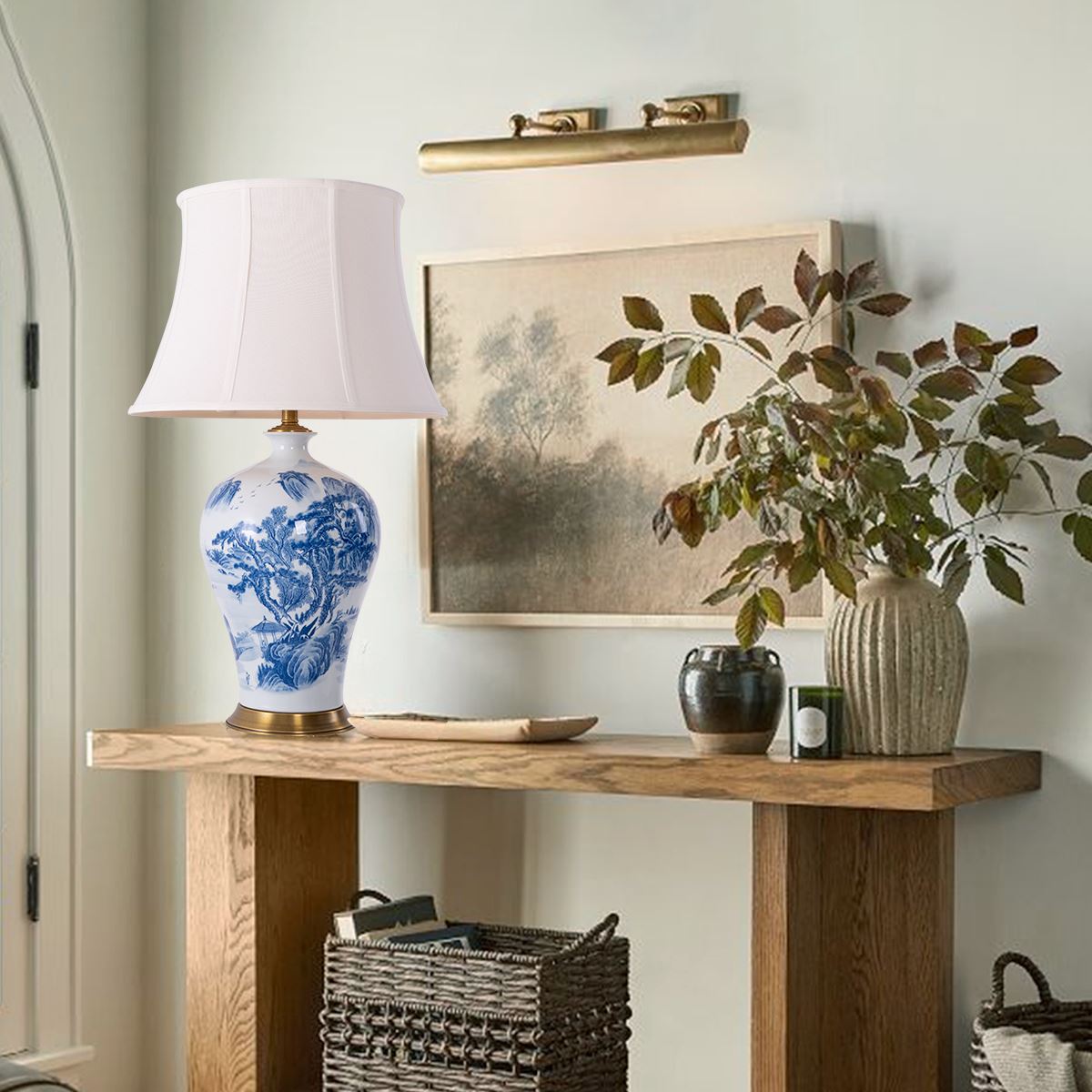 Lightsin Classic Blue and White Ceramic Table Lamp with Fabric Shade Lightsin UK