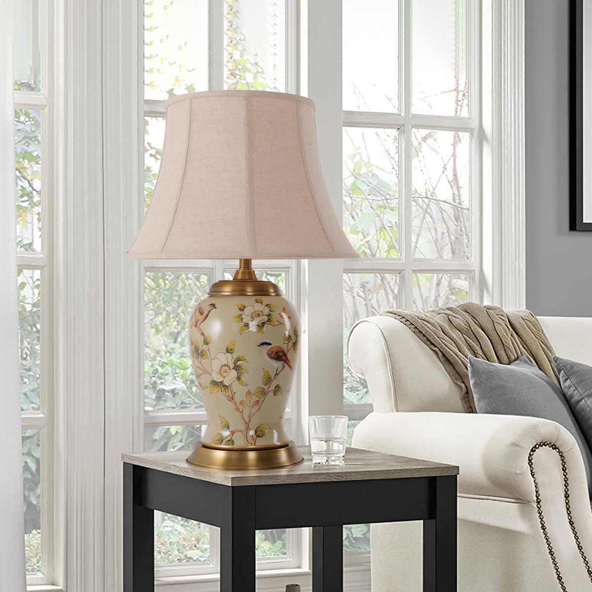 Lightsin Vintage Camellia Ceramic Table Lamp with Copper Base and Fabric Shade Lightsin UK