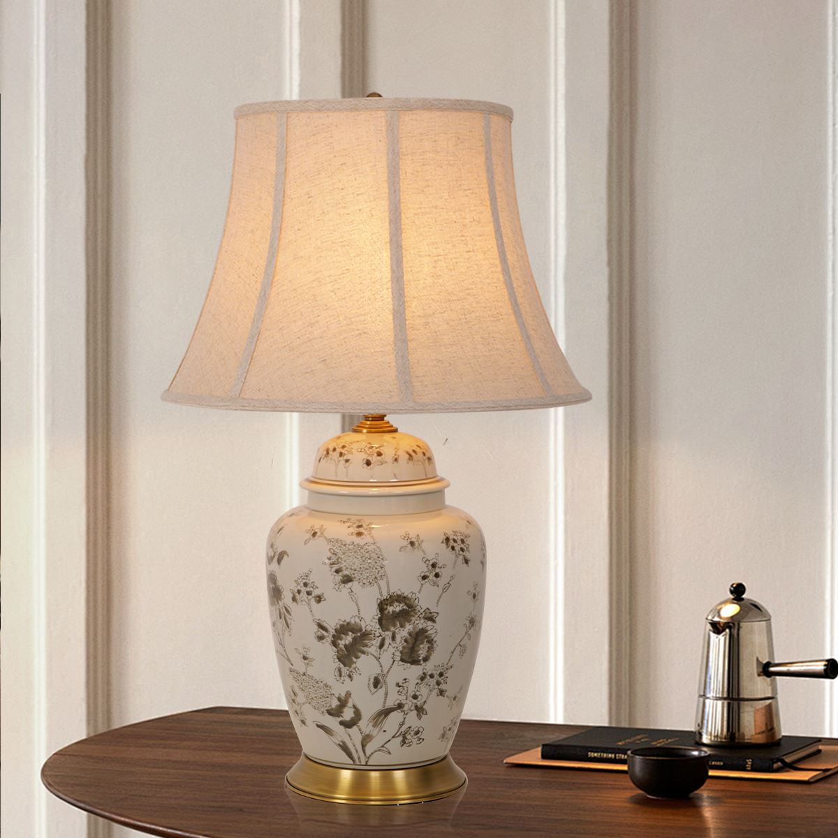 Lightsin Chrysanthemum Ceramic and Copper Table Lamp with Fabric Shade Lightsin UK