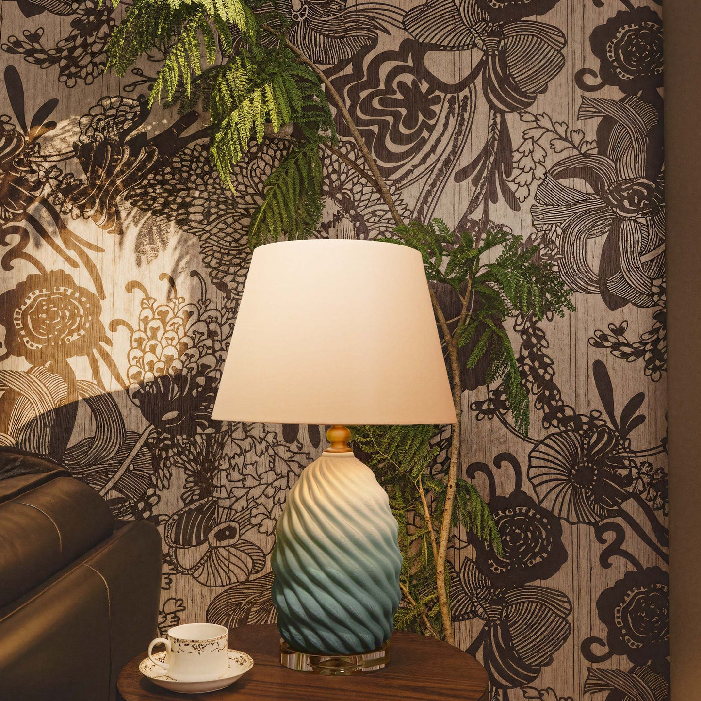 Lightsin 3D Blue Green White Gradient Threaded Ceramic Table Lamp with Fabric Shade