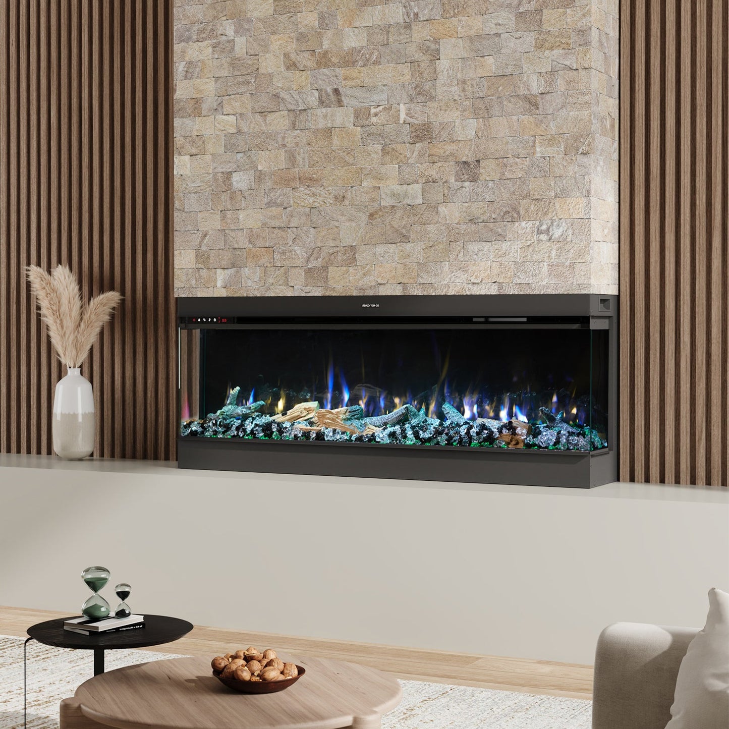 Smallbee 50/60/70/80inch 3-sided Electric Fireplace with Adjustable Color, Temperature and Timing, Controlled by APP