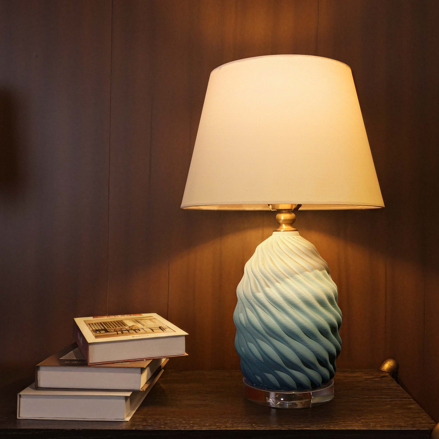 Lightsin 3D Blue Green White Gradient Threaded Ceramic Table Lamp with Fabric Shade