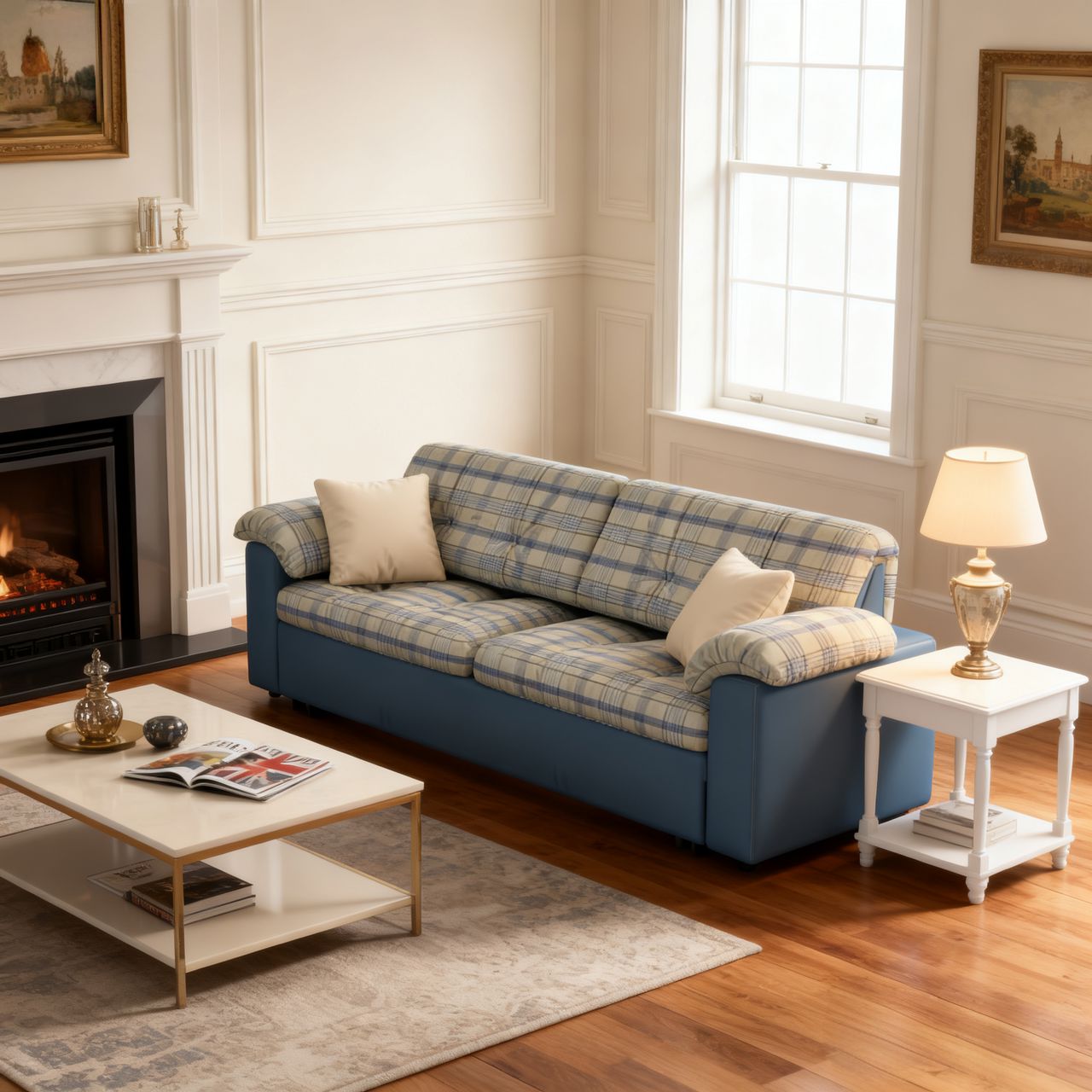 Cottonfy Classic Plaid Sofa Bed with Hidden Storage Living and Home 165 CM Azure Plaid Cotton Linen