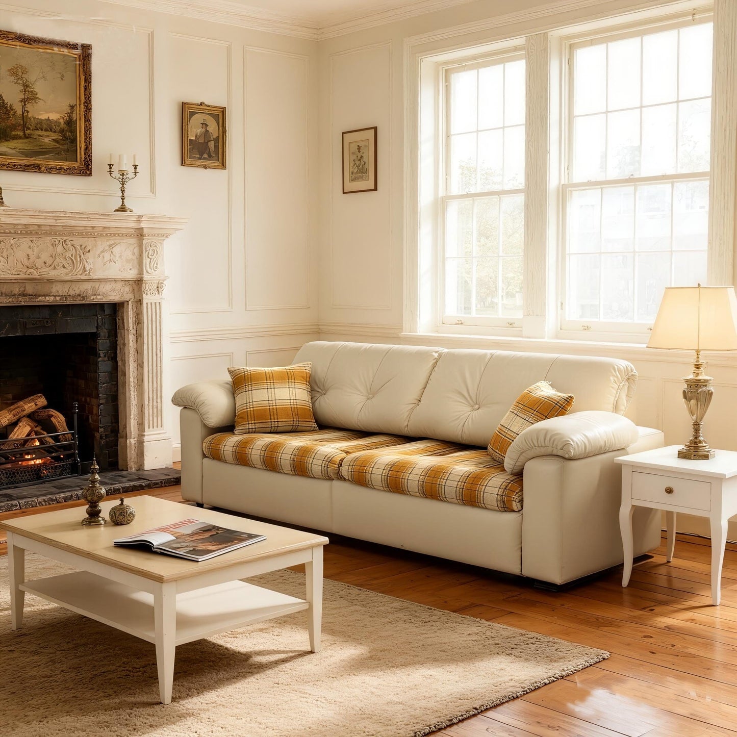 Cottonfy Classic Plaid Sofa Bed with Hidden Storage Living and Home 165 CM Cream Mellow Plaid Cotton Linen