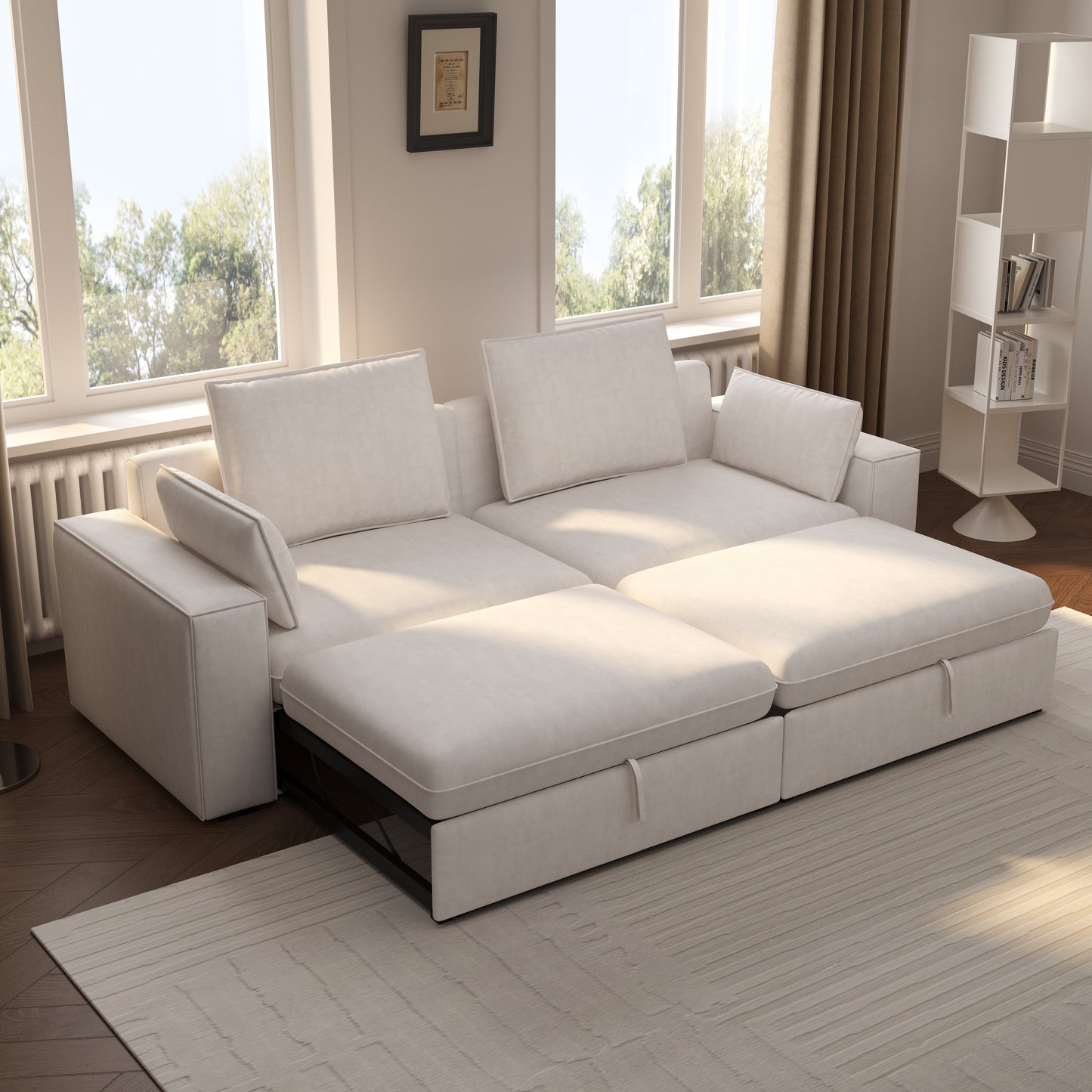 Cottonfy Creamy Tofu Block Pullout Sofa Bed with Storage
