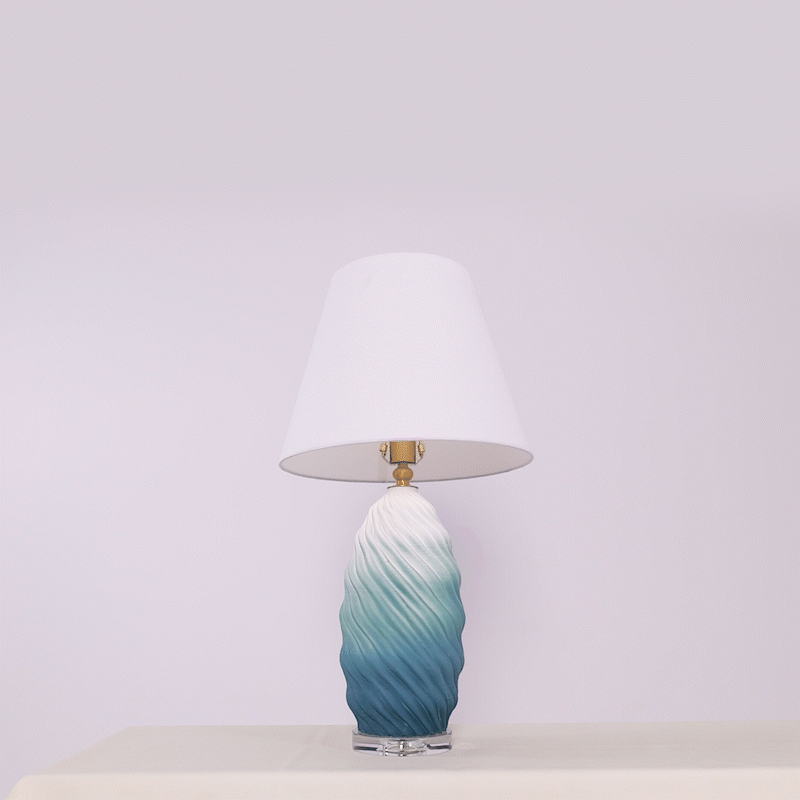 Lightsin 3D Blue Green White Gradient Threaded Ceramic Table Lamp with Fabric Shade