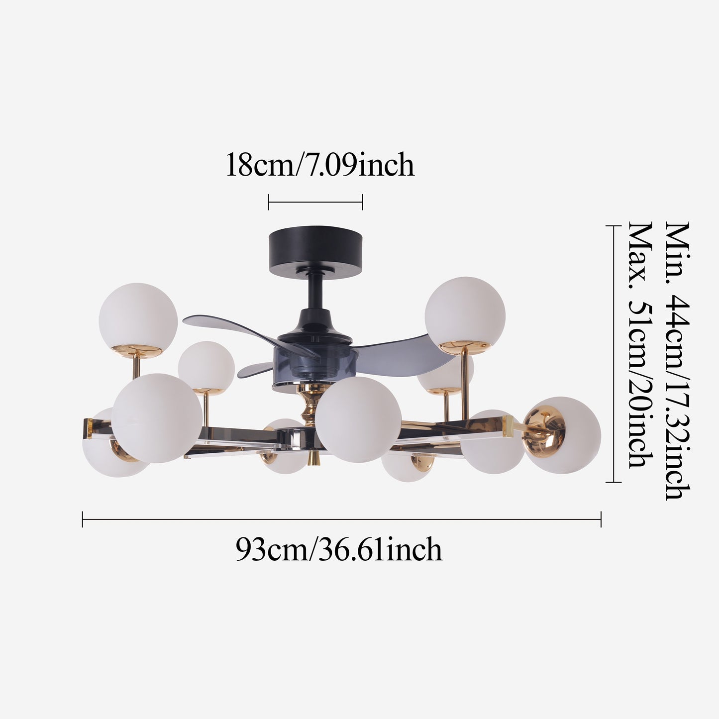 Modern Black & Gold Sphere Finish 3-Blade Ceiling Fan Light with Remote